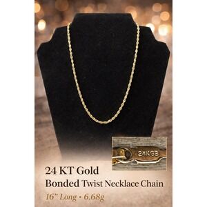 24KT Gold Bonded Twist Necklace Chain 16 Inch‎ 6.68g Yellow Gold Rope Style